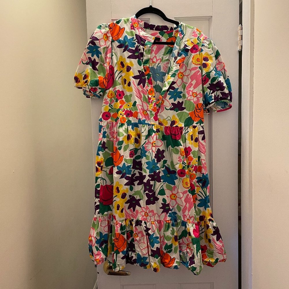 Re-Imagined by J.Crew Puff-Sleeve Tiered Shift Dress in Vibrant Garden - 10